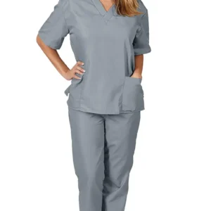 Scrub pijama Uniforme de trabajo de enfermería con cuello en V y bolsillo, ropa protectora conjunto de dos piezas U-12